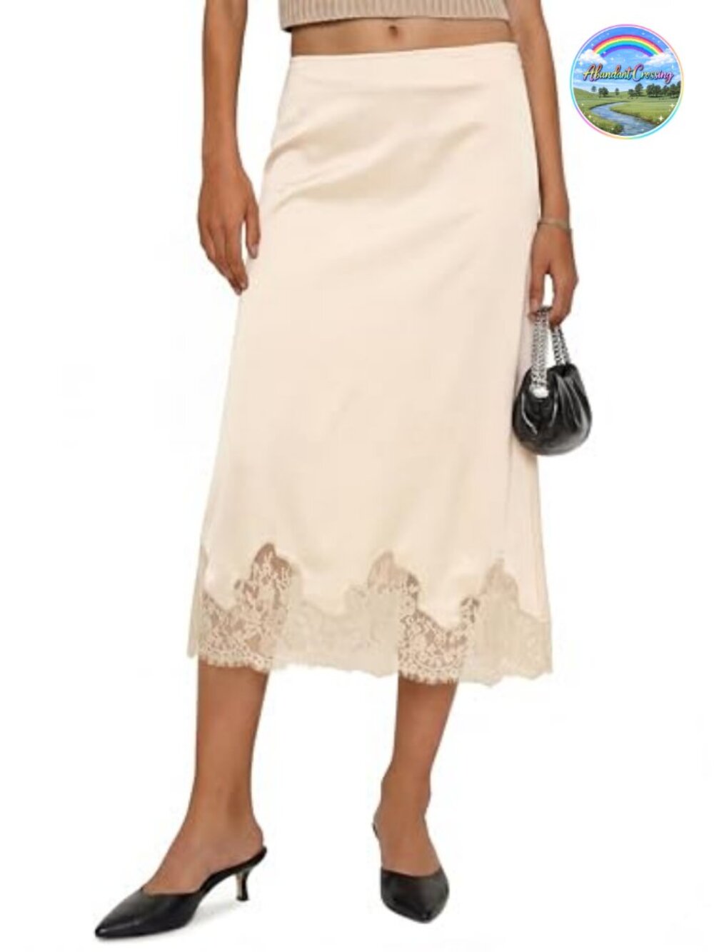 Satin Silk Midi Skirt High Waist Lace Hem A-Line Elegant Casual Dressy